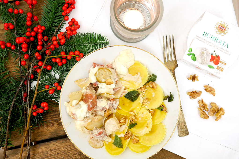 Tender pork with pear, walnuts and burrata