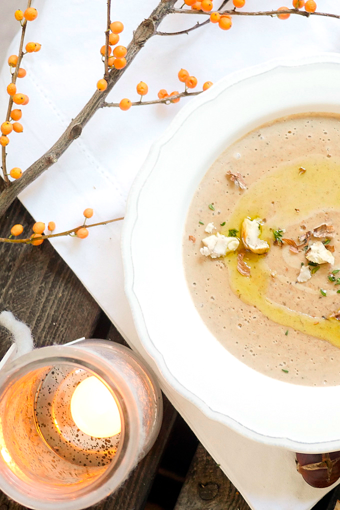 Fine chestnut soup with truffle oil and thyme