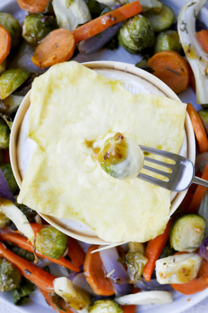 Brussels sprouts, carrots , Fennel and sweet potatoes baked in the oven with creamy oven cheese 