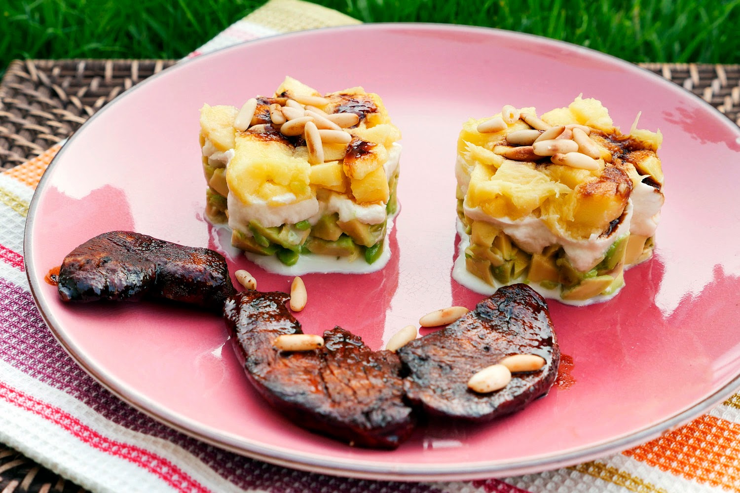  [low Carb] avocado mozzarella and mango tower with soy chicken and pine nuts 